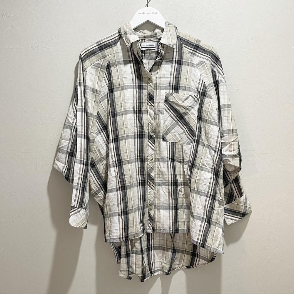 URBAN OUTFITTERS Women’s Cotton Ivory Gray Plaid Button Down Dolman Slv Top Sz S